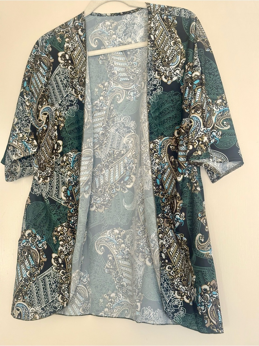Paisley Open-Front Kimono Blazer in Teal and Black